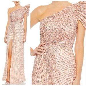 NWT Mac Duggal 5622 Embellished Puff One Shoulder Gown Apricot, Sz 6, $565
